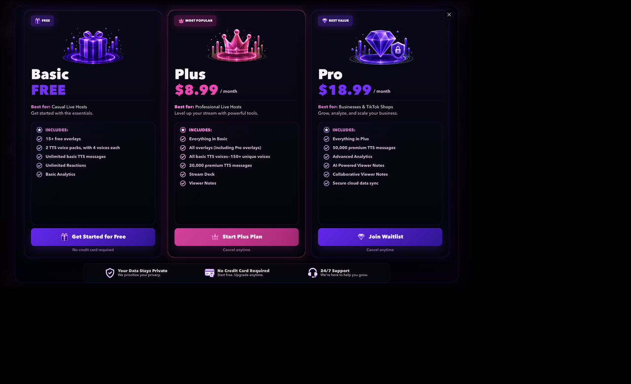 TikCodex Basic, Plus, and Pro plan comparison in the desktop app