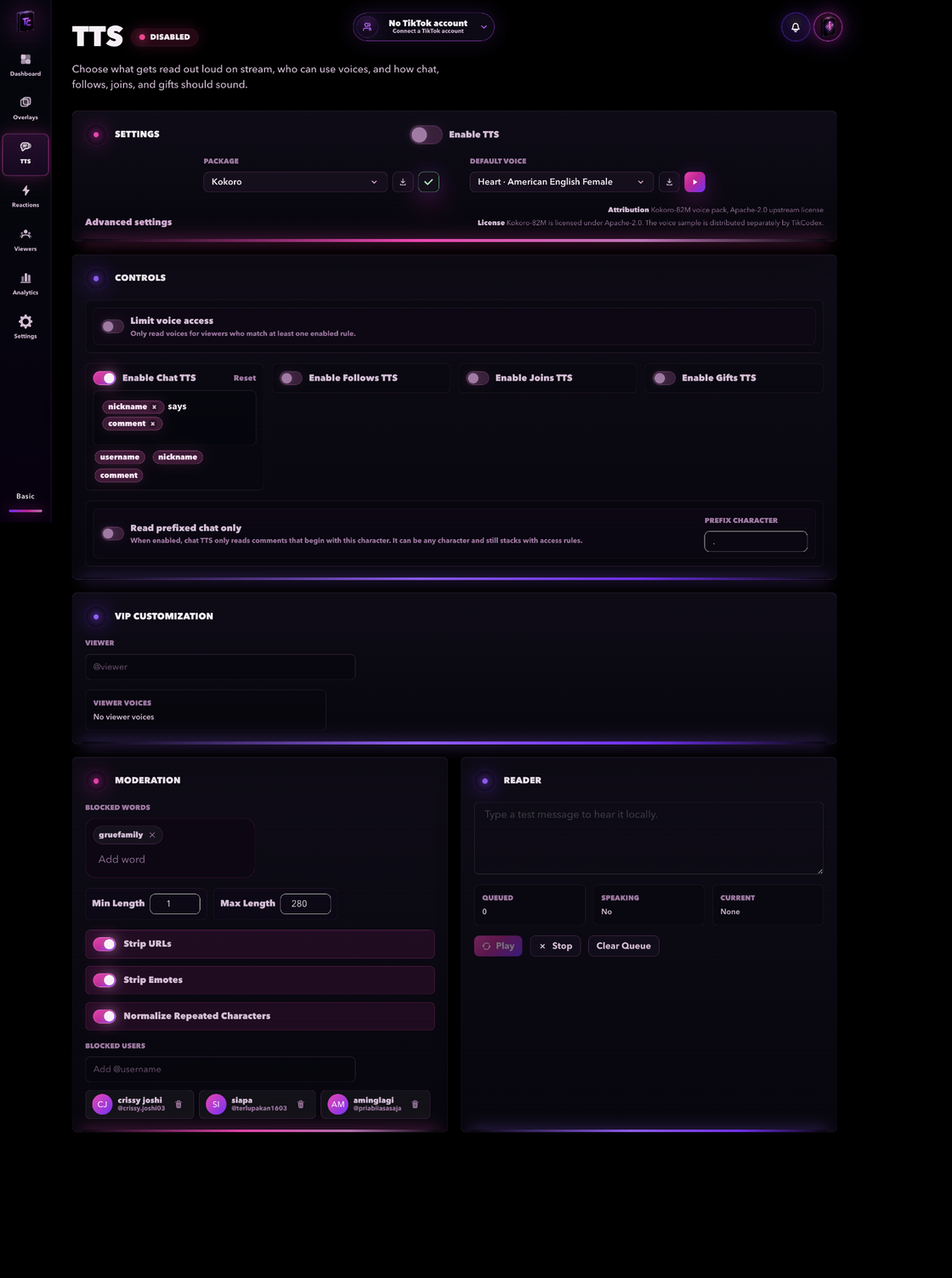 TikCodex text-to-speech controls with voice and playback settings